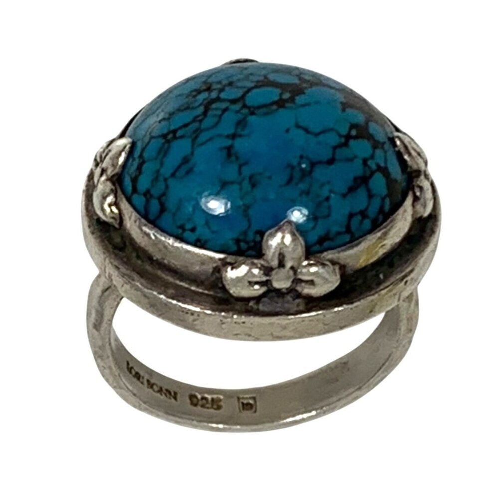 LORI BONN Sterling Silver Floral Framed Turquoise Ring SZ 5.25 Hammered Band